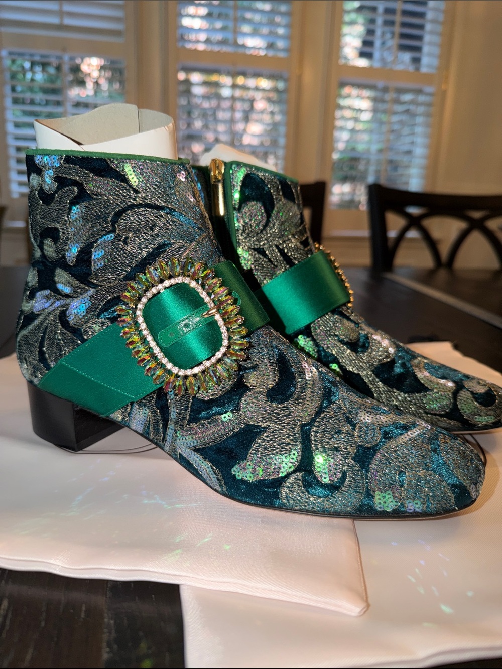 Di Minno Embellished Green Ankle Boots with Jewel Buckle